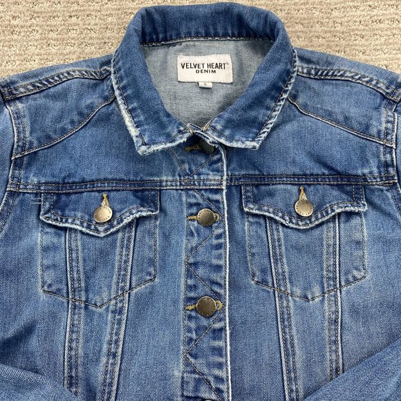 Velvet Heart Jean Jacket Women Large L Blue Denim Button Up Casual Distressed - Picture 2 of 12